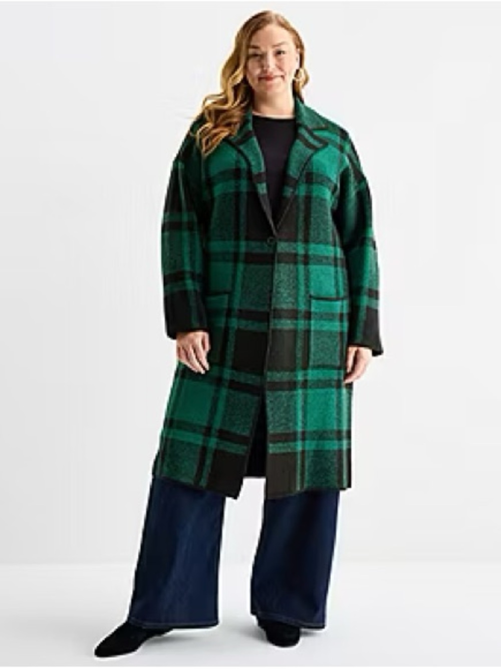 NWT Liz Claiborne Green Black Plaid Coatigan Long Cardigan Sweater Jacket XXL